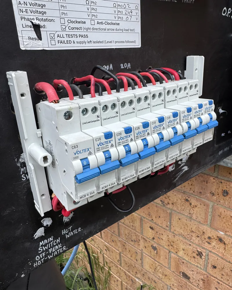 Three phase switchboard with test results sheet showing all tests passed